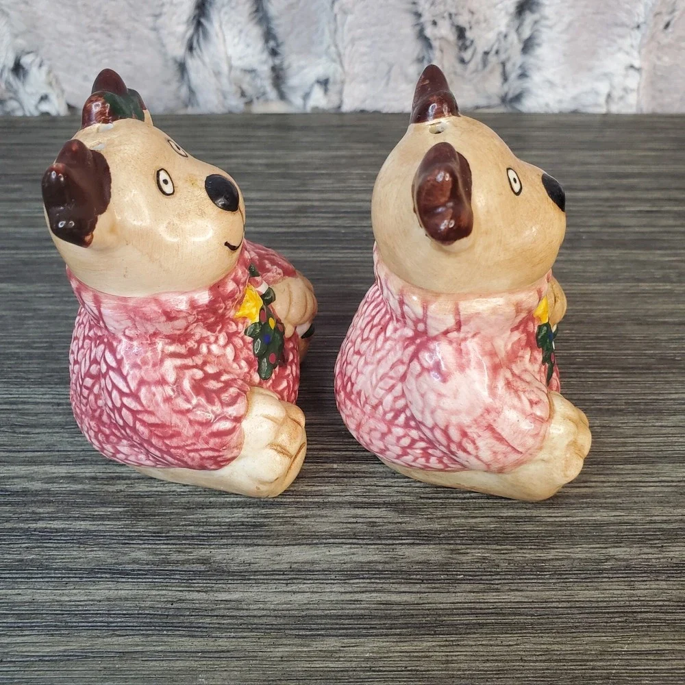 Ceramic Christmas Holiday Reindeer In Sweaters Salt and Pepper Shakers